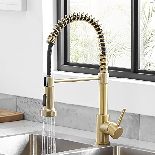 OWOFAN Kitchen Faucets with Pull Down Sprayer 304 Stainless Steel Industrial Single Handle One Hole Faucet for Farmhouse Camper Laundry Utility Rv Wet Bar Sinks Gold 9009K - Image 1