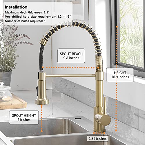 OWOFAN Kitchen Faucets with Pull Down Sprayer 304 Stainless Steel Industrial Single Handle One Hole Faucet for Farmhouse Camper Laundry Utility Rv Wet Bar Sinks Gold 9009K - Image 4
