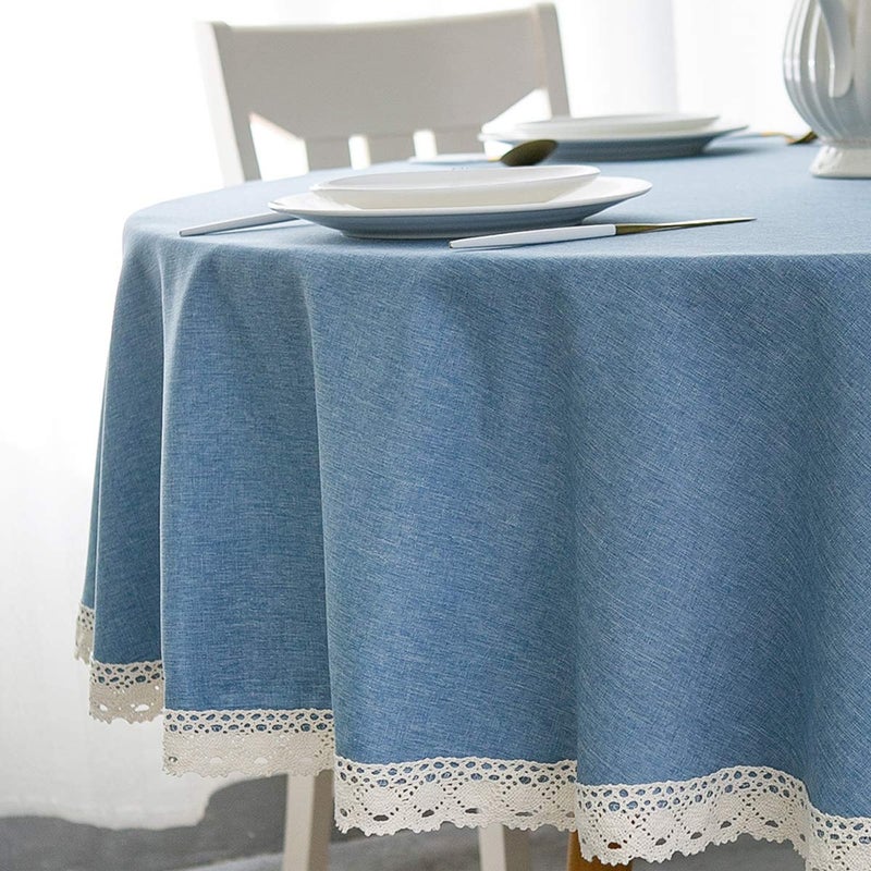 EHouseHome Faux Linen Tablecloth with Lace Trim WaterproofSpill ProofStain ResistantWrinkle FreeOil Proof for Banquet Parties DinnerWeddingHolidayWater Blue Round 60Inch