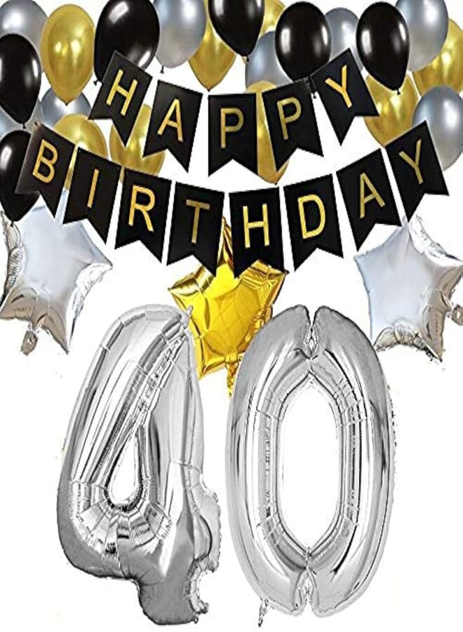 Theme My Party Birthday Party Decorations Kit-Black Banner, Silver Number Balloon -16& 34 , Black, Gold & Silver Latex Balloon- 51 & 2 Silver, 1 Gold Star Foil Balloon (40 Yrs)