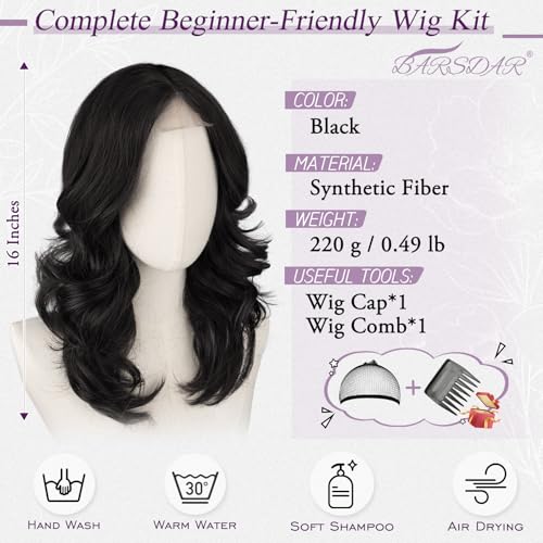 BARSDAR Short Wavy Layered Black Wig Shoulder Length Wavy Black Wigs for Women Short Loose Wave Textured Layered Bob Wig with FaceFraming Curtain Bangs Soft Synthetic Natural Looking Daily Party - Image 3