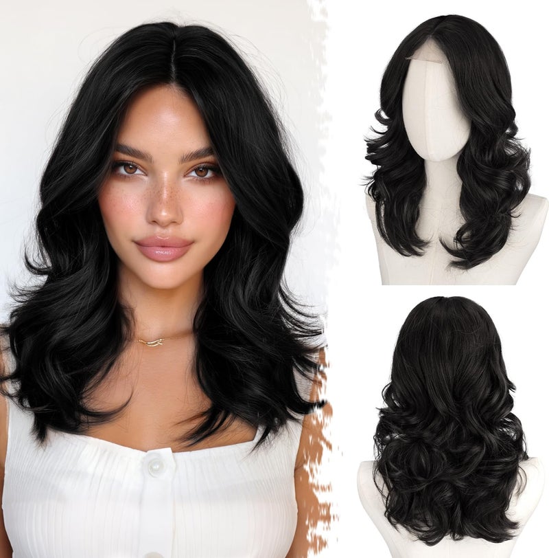BARSDAR Short Wavy Layered Black Wig Shoulder Length Wavy Black Wigs for Women Short Loose Wave Textured Layered Bob Wig with FaceFraming Curtain Bangs Soft Synthetic Natural Looking Daily Party - Image 2