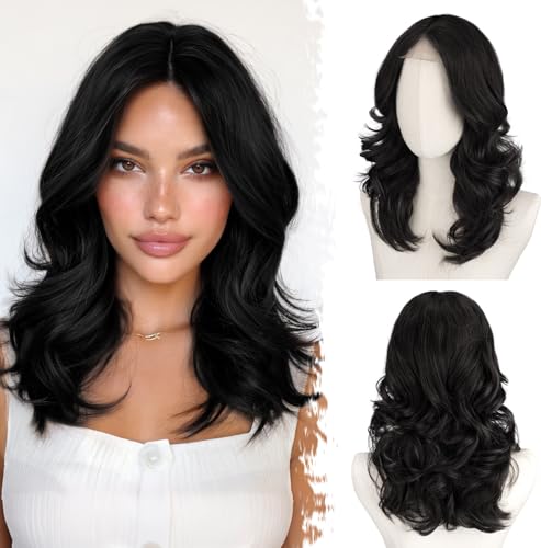 BARSDAR Short Wavy Layered Black Wig Shoulder Length Wavy Black Wigs for Women Short Loose Wave Textured Layered Bob Wig with FaceFraming Curtain Bangs Soft Synthetic Natural Looking Daily Party - Image 1
