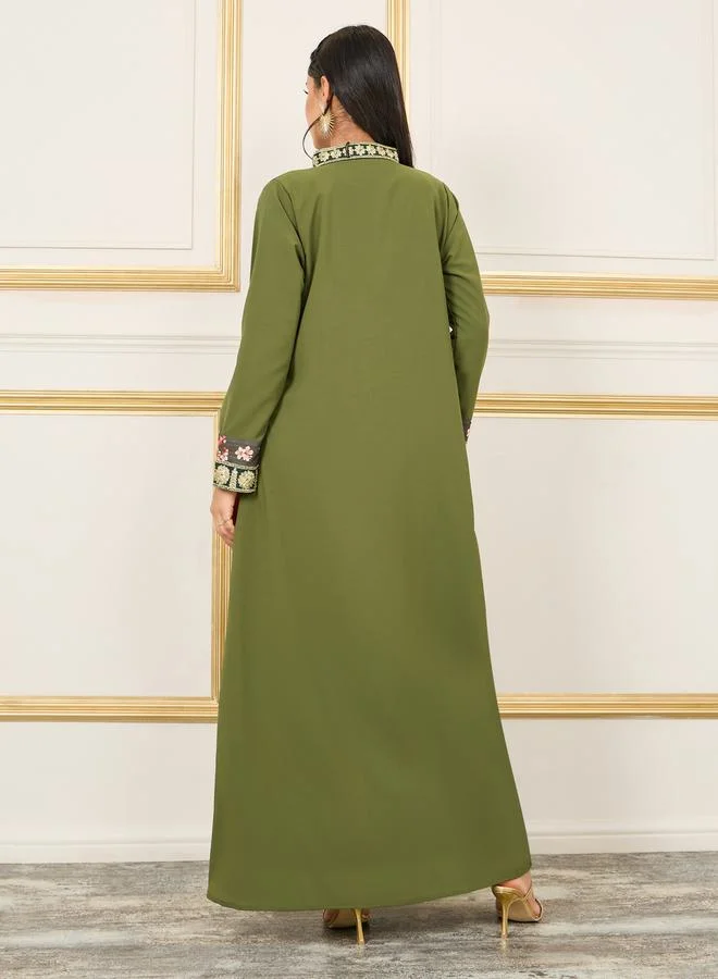 Styli Embroidered Collared Neck Side Printed Jalabiya