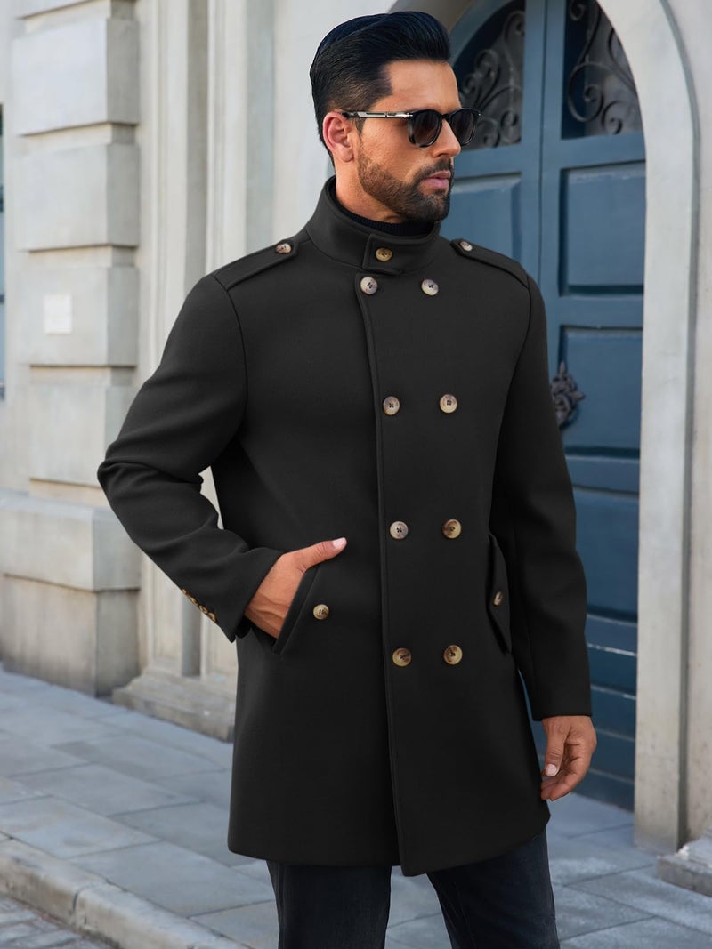 Runcati Mens Trench Coat Double Breasted Stand Collar Pea Coat Casual Fall Winter Warm Mid Long Overcoat - Image 3