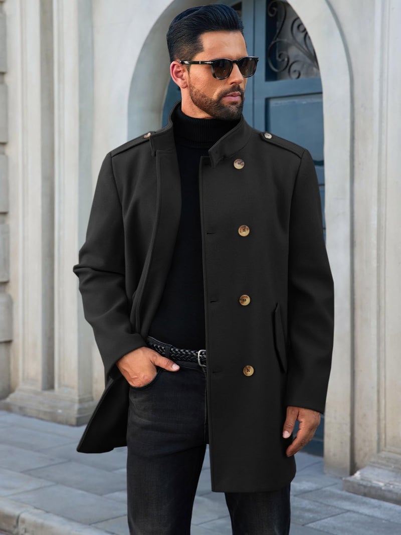 Runcati Mens Trench Coat Double Breasted Stand Collar Pea Coat Casual Fall Winter Warm Mid Long Overcoat - Image 2