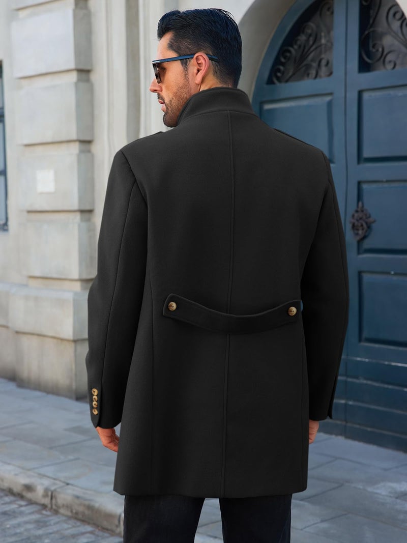 Runcati Mens Trench Coat Double Breasted Stand Collar Pea Coat Casual Fall Winter Warm Mid Long Overcoat - Image 4