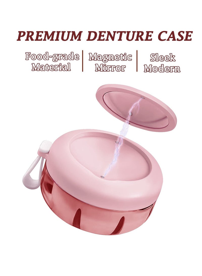 YCROJBK Denture Case, Definitely No-Leak Denture Bath Box for Traveling Perfectly, Denture Cup with Strainer & Magnetic Mirror,Completely Clean Care for Retainer, Mouth Guard, & Denture(PINK)  - Image 2
