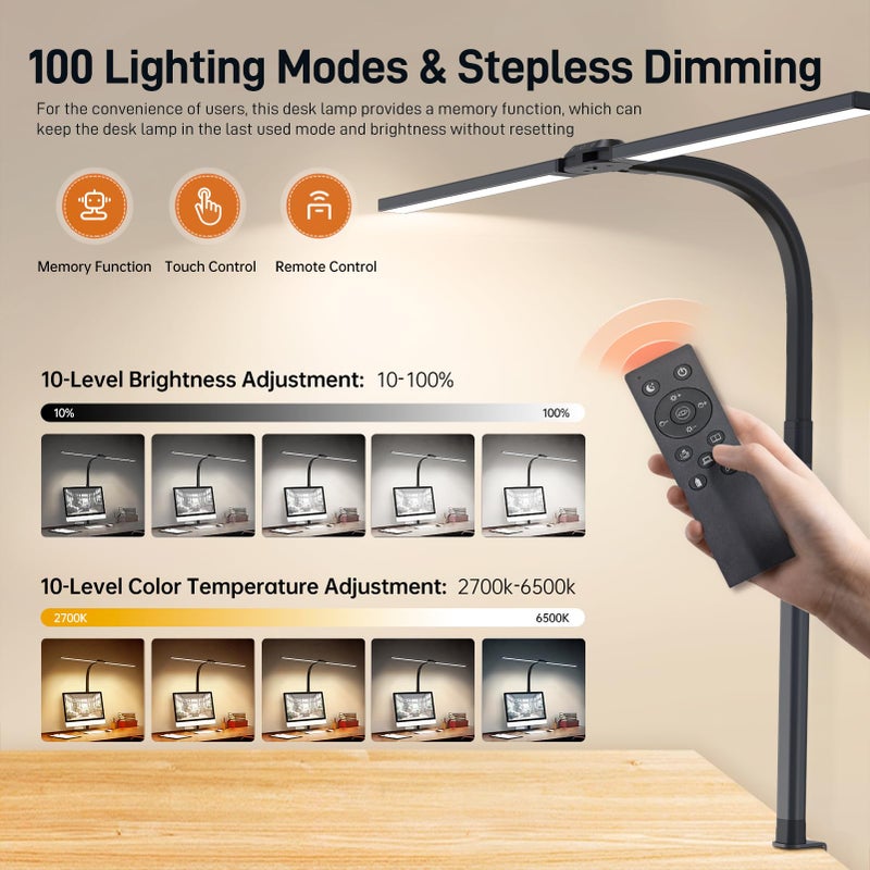 Paklighting LED Desk Lamp for Home Office, Eye-Caring Desk Light with Clamp, 24W Double Head Architect Task Lamp Stepless Dimming, Flexible Gooseneck Bright Table Lamp for Study Reading Workbench Drafting - Image 3