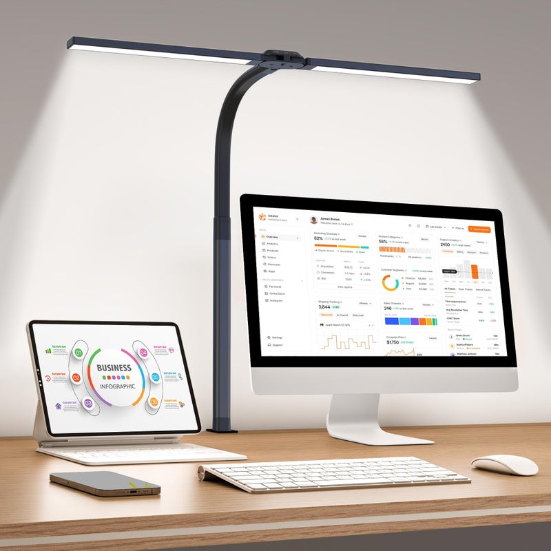 Paklighting LED Desk Lamp for Home Office, Eye-Caring Desk Light with Clamp, 24W Double Head Architect Task Lamp Stepless Dimming, Flexible Gooseneck Bright Table Lamp for Study Reading Workbench Drafting - Image 1