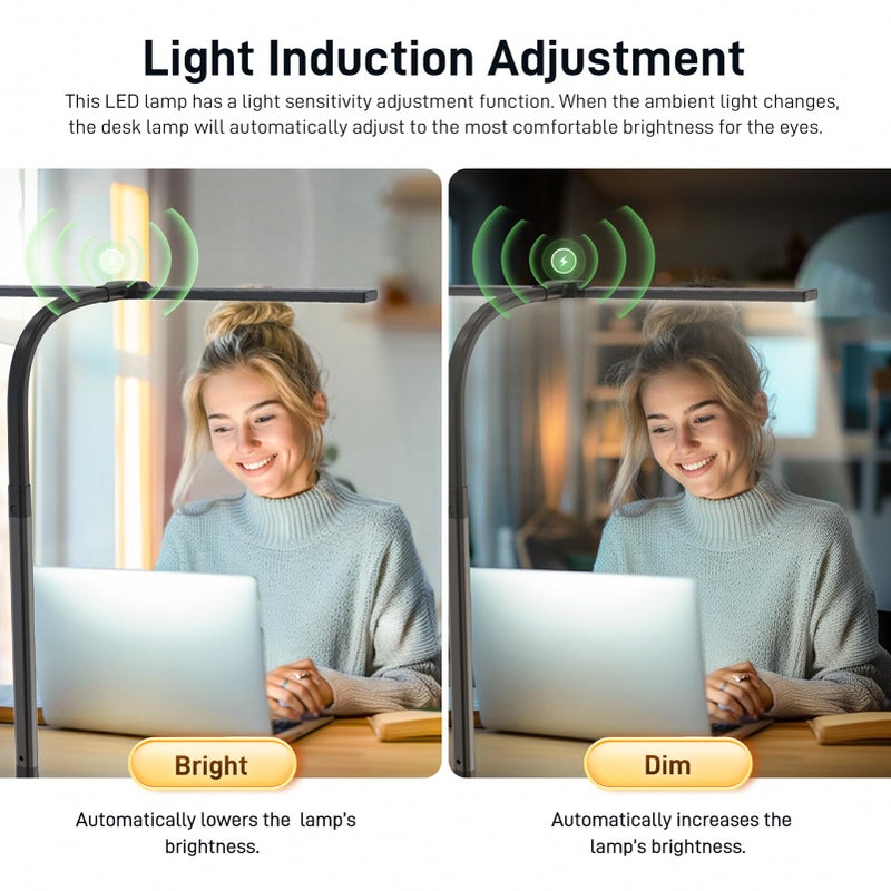Paklighting LED Desk Lamp for Home Office, Eye-Caring Desk Light with Clamp, 24W Double Head Architect Task Lamp Stepless Dimming, Flexible Gooseneck Bright Table Lamp for Study Reading Workbench Drafting - Image 5