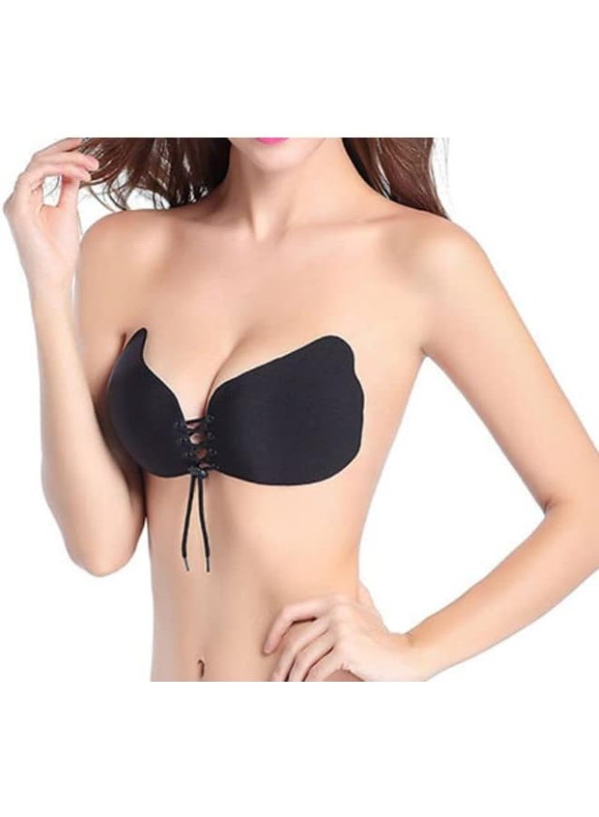 Silicone Adhesive Bra With Adjustable Drawstring For Women And Girls - Push up Strapless Backless Silicone/Fabric Invisible Bra for Women Reusable (Size: D) (Black) - Image 1