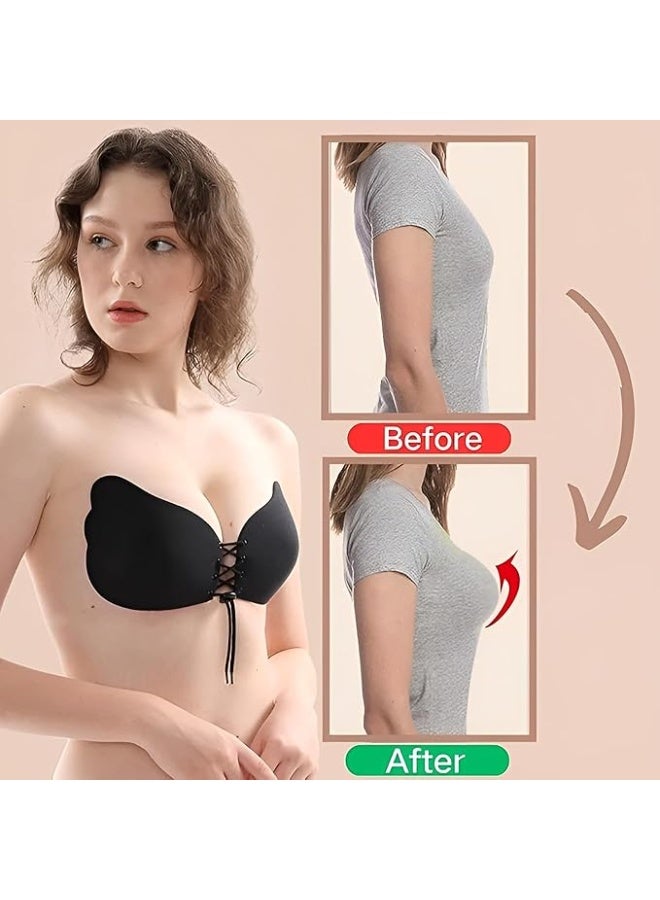 Silicone Adhesive Bra With Adjustable Drawstring For Women And Girls - Push up Strapless Backless Silicone/Fabric Invisible Bra for Women Reusable (Size: D) (Black) - Image 4