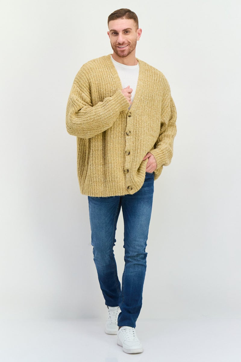 Men V-Neck Knit Long Sleeve Cardigan, Tan