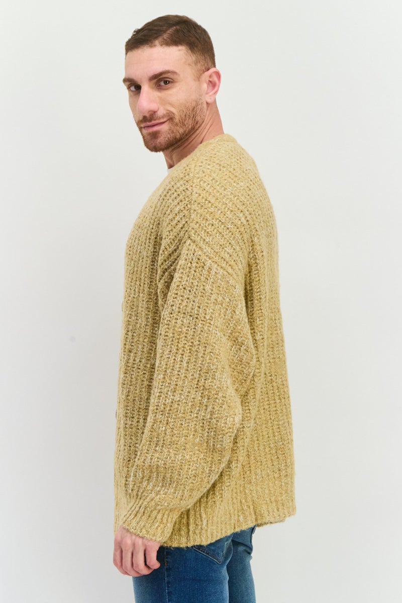 Men V-Neck Knit Long Sleeve Cardigan, Tan