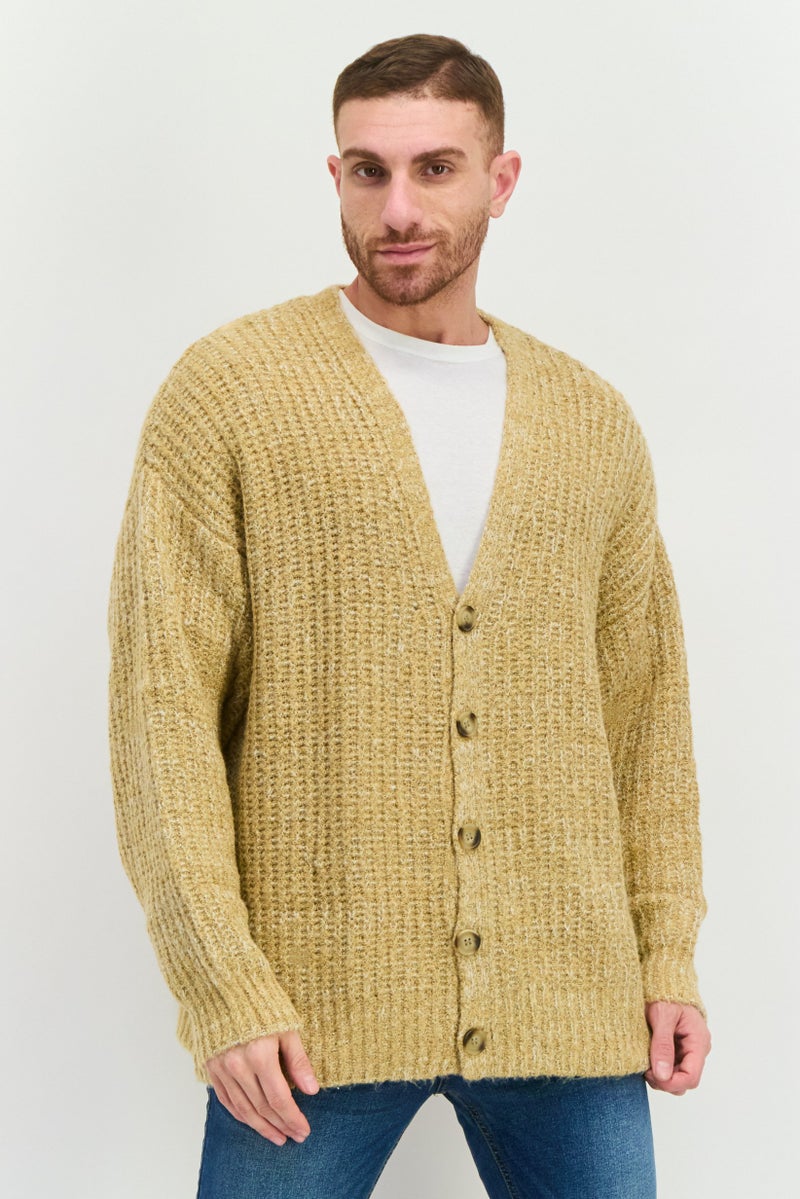 Men V-Neck Knit Long Sleeve Cardigan, Tan