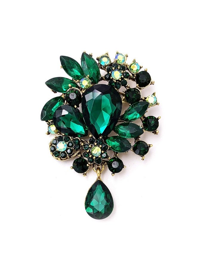 LAXPICOL Wedding Bridal Big Green Crystal Rhinestone Bouquet Teardrop Brooch Pin For Women Golden Tone - Image 1