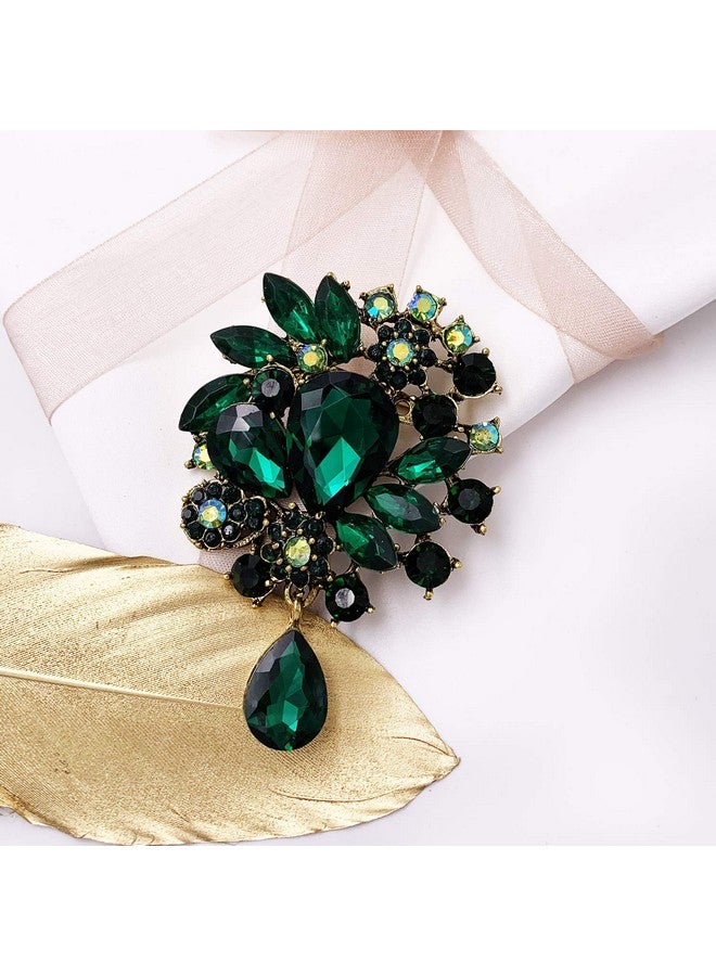 LAXPICOL Wedding Bridal Big Green Crystal Rhinestone Bouquet Teardrop Brooch Pin For Women Golden Tone - Image 2