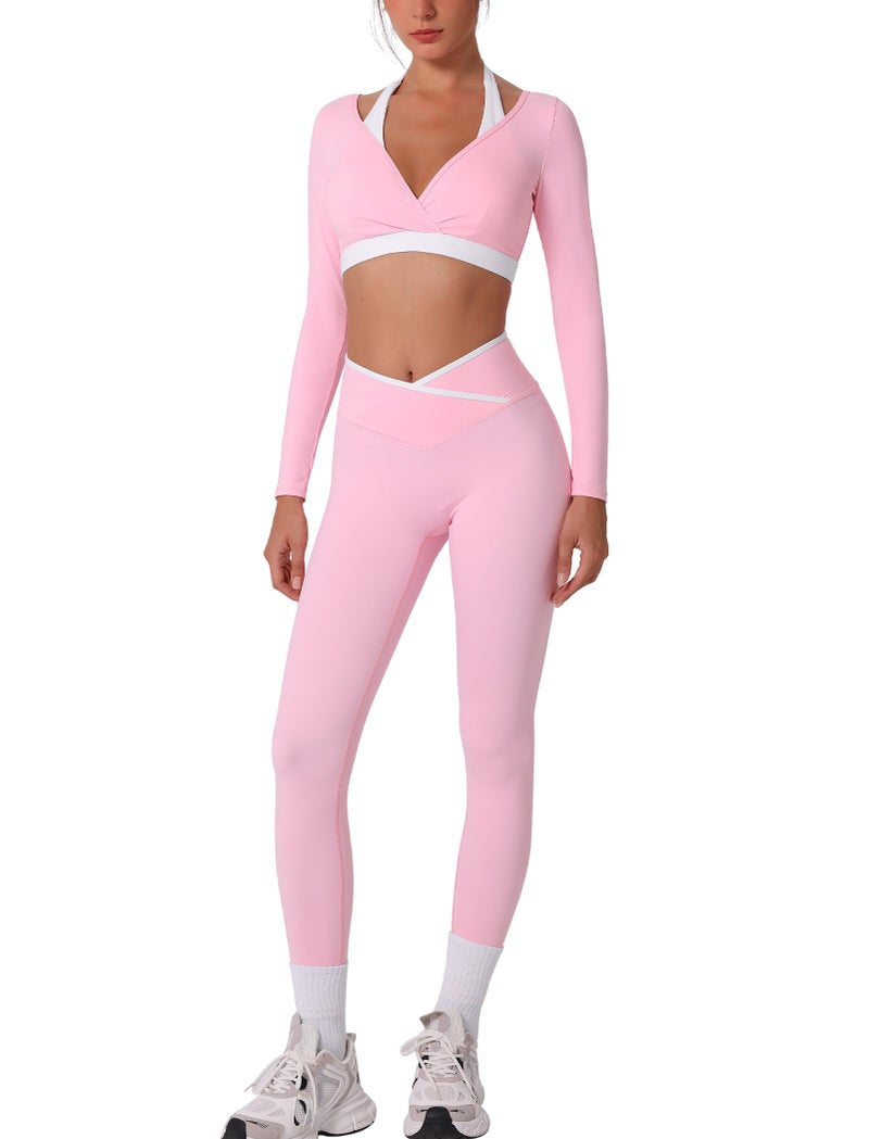 ABOCIW Workout Sets for Women Color Block Long Sleeve Crop Top with Builtin Bra Crossover High Waist Leggings Gym Set Yoga Pilates Outfits Fall Clothes Crossover Pink Small - Image 2