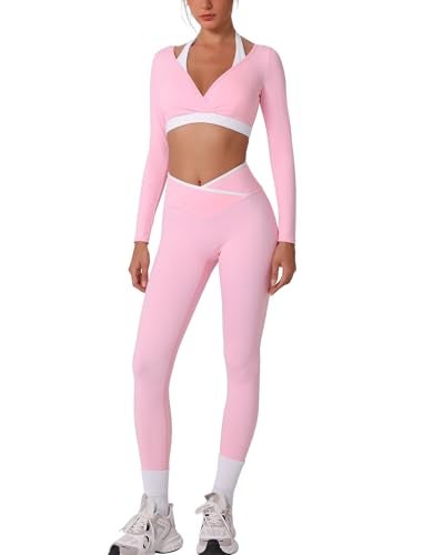 ABOCIW Workout Sets for Women Color Block Long Sleeve Crop Top with Builtin Bra Crossover High Waist Leggings Gym Set Yoga Pilates Outfits Fall Clothes Crossover Pink Small - Image 1