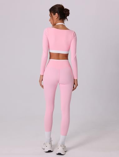 ABOCIW Workout Sets for Women Color Block Long Sleeve Crop Top with Builtin Bra Crossover High Waist Leggings Gym Set Yoga Pilates Outfits Fall Clothes Crossover Pink Small - Image 3
