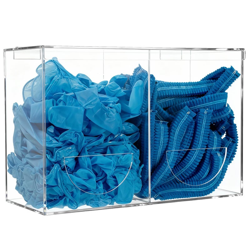 SEANADO Clear Acrylic Glove Holder Dispenser with Lid 2 Compartments Hygiene Station Storage Box for Beard Nets Hairnets Plastic Bags Shoe Cover Wall Mount or Tabletop - Image 2