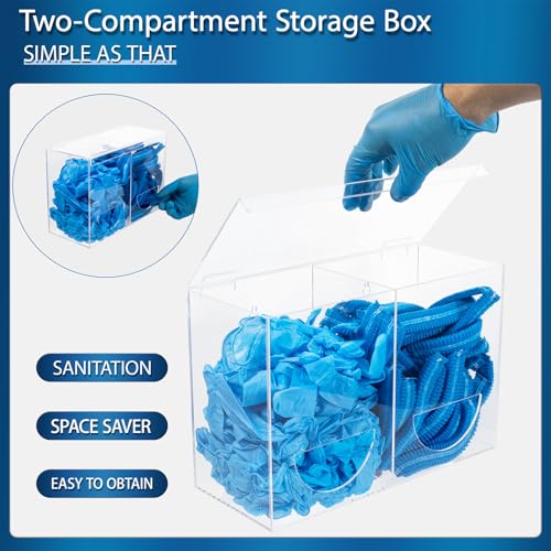 SEANADO Clear Acrylic Glove Holder Dispenser with Lid 2 Compartments Hygiene Station Storage Box for Beard Nets Hairnets Plastic Bags Shoe Cover Wall Mount or Tabletop - Image 3