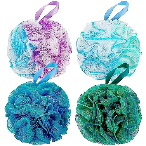 DadyMart Bath Shower Loofah Sponge 60g Bath Mesh Pouf Shower Ball Body Scrubber Exfoliating Bath Sponge for Women and Men, Set of 4, Flower
