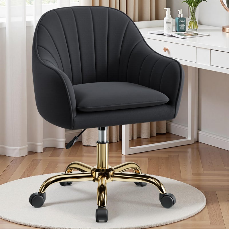 BestEra Vanity Chair with Wheels, Comfy Home Office Desk Chairs Adjustable Modern Velvet Makeup Vanity Chairs for Bedroom Living Room-Black - Image 2