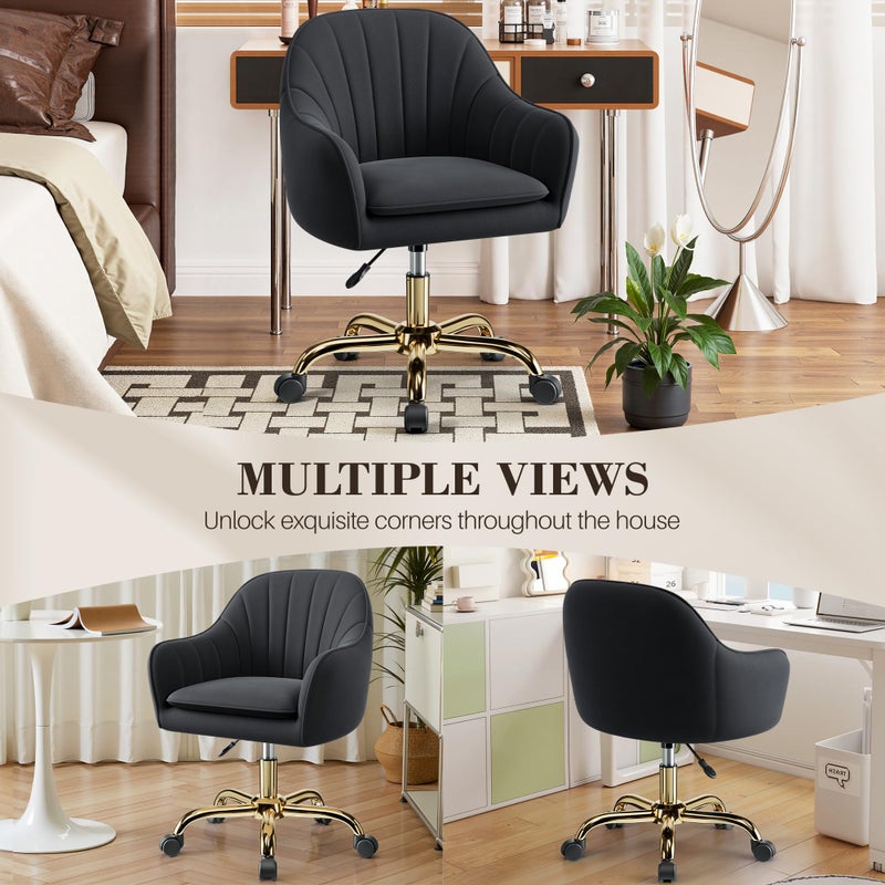 BestEra Vanity Chair with Wheels, Comfy Home Office Desk Chairs Adjustable Modern Velvet Makeup Vanity Chairs for Bedroom Living Room-Black - Image 4