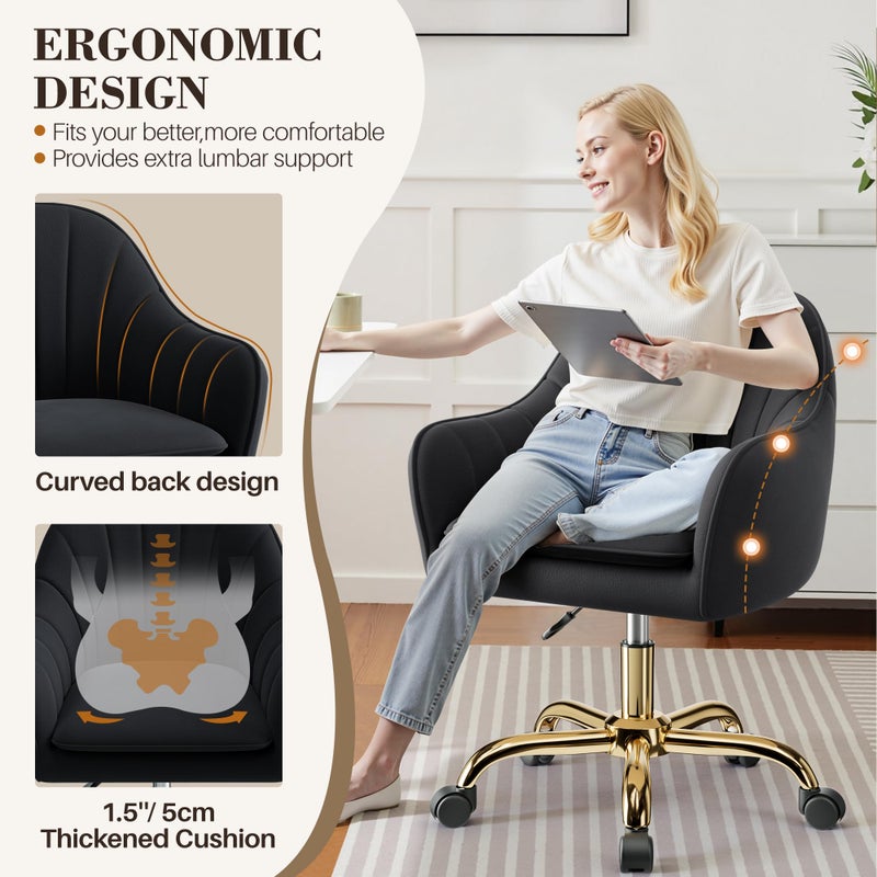 BestEra Vanity Chair with Wheels, Comfy Home Office Desk Chairs Adjustable Modern Velvet Makeup Vanity Chairs for Bedroom Living Room-Black - Image 5