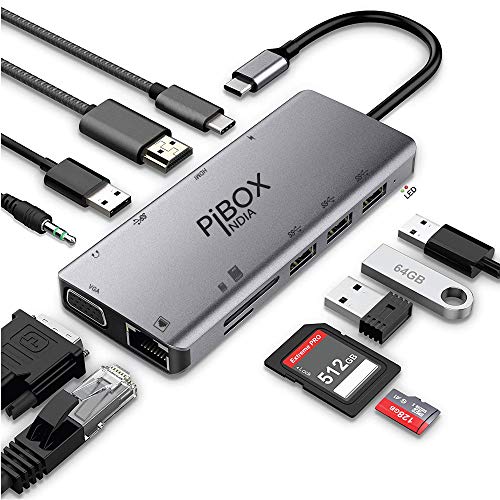 Pibox India USB C Hub Dock- 11 in 1 Dock, Aluminum Type C Adapter with 4K Hdmi, Vga, Ethernet 100Mbps Rj45, 4 USB 3.0, USB-C Power Delivery, 3.5Mm Audio, Tf/Sd Card Reader for Mac/Pc Port Silver - Image 1