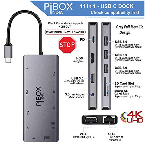 Pibox India USB C Hub Dock- 11 in 1 Dock, Aluminum Type C Adapter with 4K Hdmi, Vga, Ethernet 100Mbps Rj45, 4 USB 3.0, USB-C Power Delivery, 3.5Mm Audio, Tf/Sd Card Reader for Mac/Pc Port Silver - Image 2