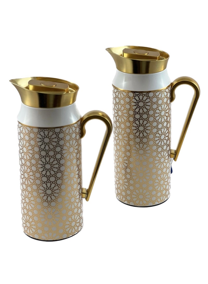 Homemaker 2-Piece Tea & Coffee Flask - 0.75 Liter & 1 Liter Capacity - Glass Inner - Steel Body - Gold & White Desing - Gold Handle - Image 2