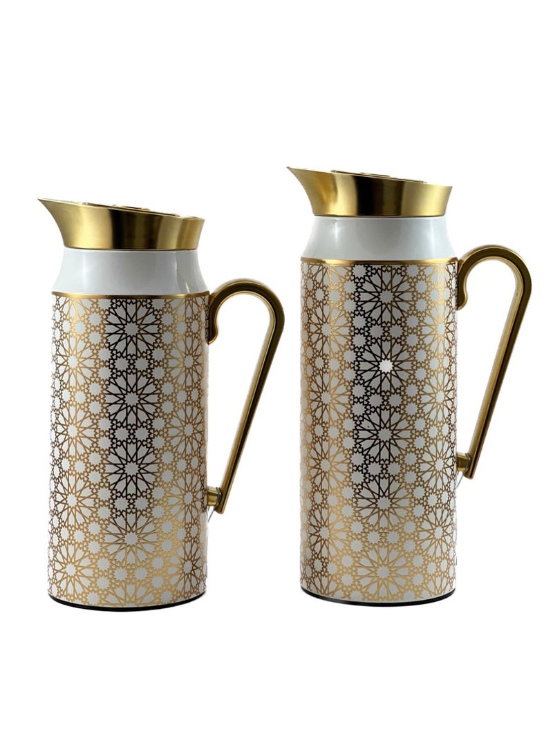 Homemaker 2-Piece Tea & Coffee Flask - 0.75 Liter & 1 Liter Capacity - Glass Inner - Steel Body - Gold & White Desing - Gold Handle - Image 3
