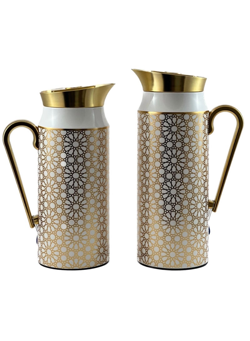 Homemaker 2-Piece Tea & Coffee Flask - 0.75 Liter & 1 Liter Capacity - Glass Inner - Steel Body - Gold & White Desing - Gold Handle - Image 1