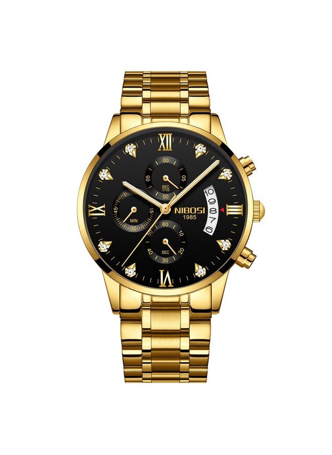 NIBOSI - NIBOSI Watch For Men Fashion Business Men Analogue Watches Ultra-Thin Waterproof Chronograph Quartz Watches With Stainless Steel Band, Dial Color-Gold, Band Color-Gold - Image 1