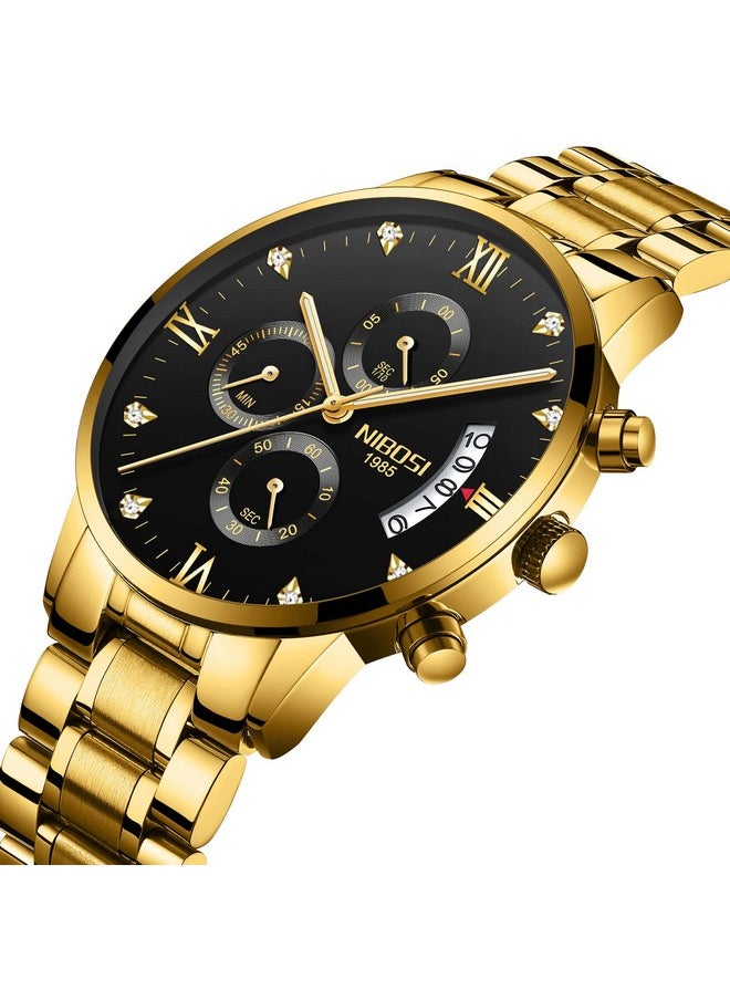 NIBOSI - NIBOSI Watch For Men Fashion Business Men Analogue Watches Ultra-Thin Waterproof Chronograph Quartz Watches With Stainless Steel Band, Dial Color-Gold, Band Color-Gold - Image 1