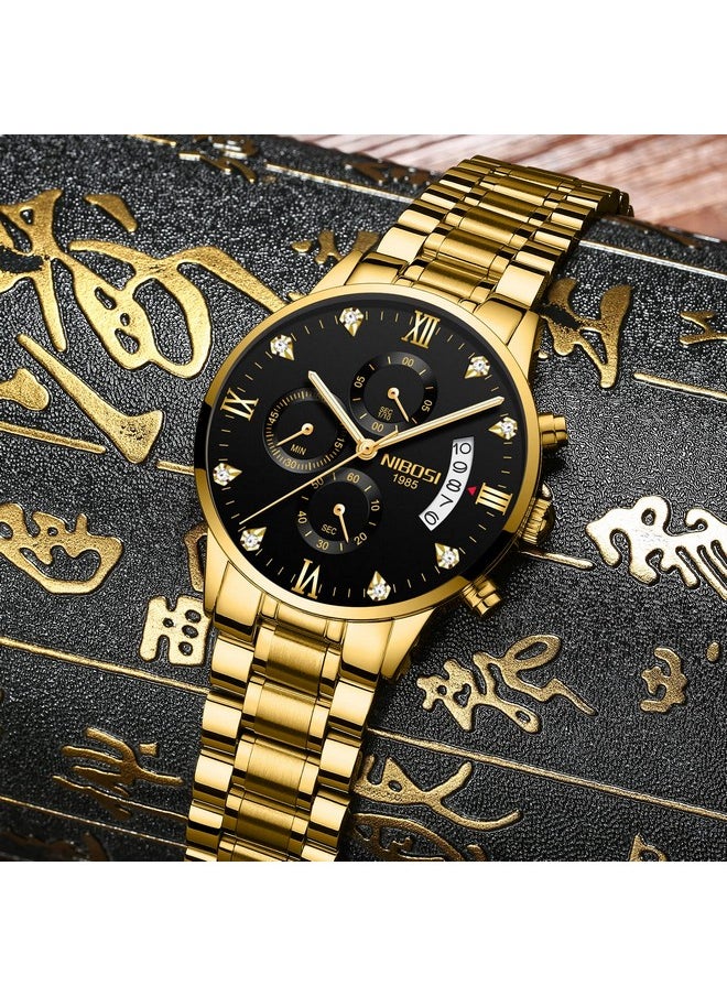 NIBOSI - NIBOSI Watch For Men Fashion Business Men Analogue Watches Ultra-Thin Waterproof Chronograph Quartz Watches With Stainless Steel Band, Dial Color-Gold, Band Color-Gold - Image 1