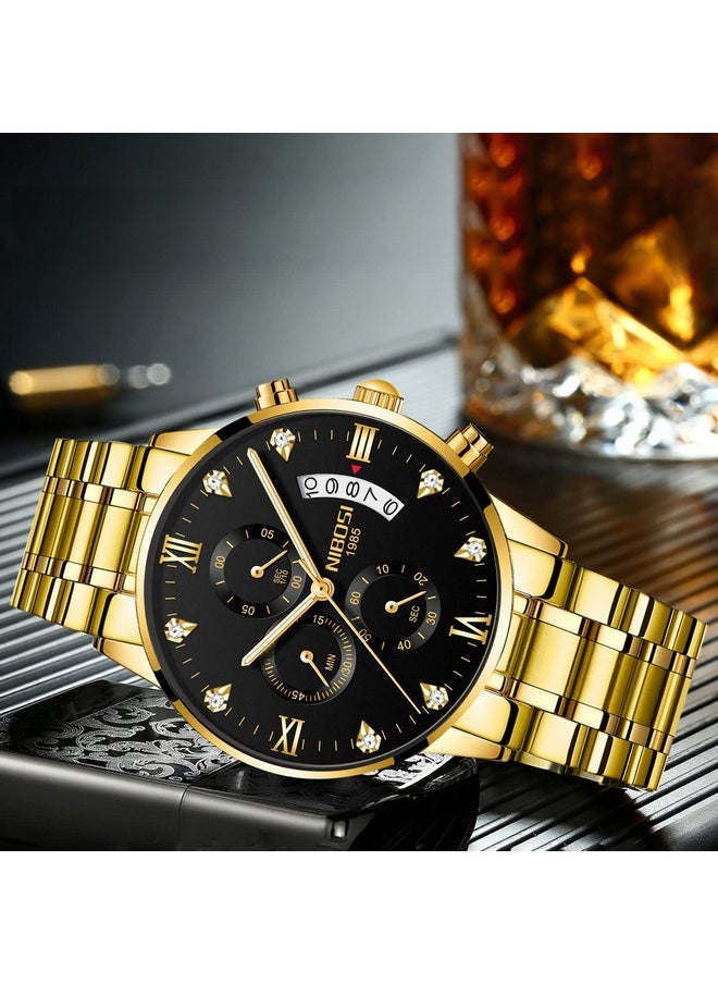 NIBOSI - NIBOSI Watch For Men Fashion Business Men Analogue Watches Ultra-Thin Waterproof Chronograph Quartz Watches With Stainless Steel Band, Dial Color-Gold, Band Color-Gold - Image 1