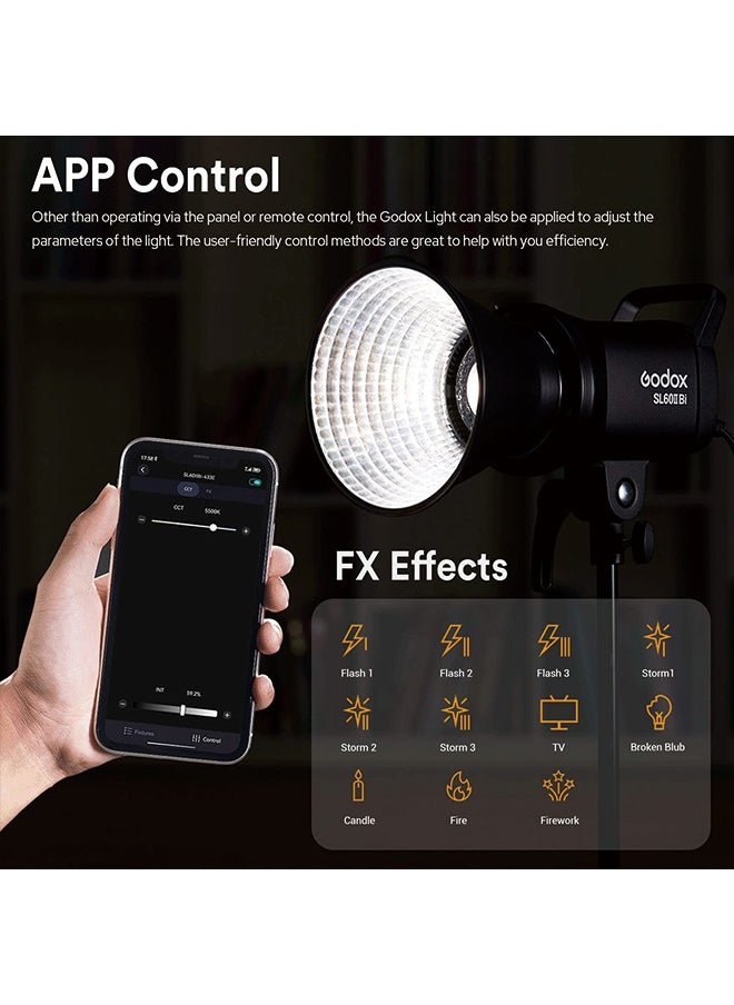 Godox - Godox SL60IIBi Bi-Color LED Video Light,2800K-6500K,CRI96+ TLCI97+,Builtin 11 FX Effects,APP/2.4GWireless Control Adjust Brightness,Bowens Mount LED Continuous Output Lighting with RC-A6 Remote - Image 1