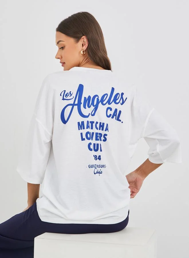 ستايلي Styli Slogan Print Round Neck Short Sleeve T-Shirt