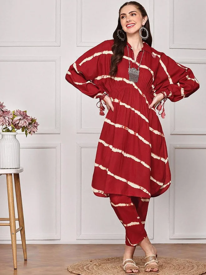 ISHIN ISHIN Red Striped Viscose Kurta with Pants Set