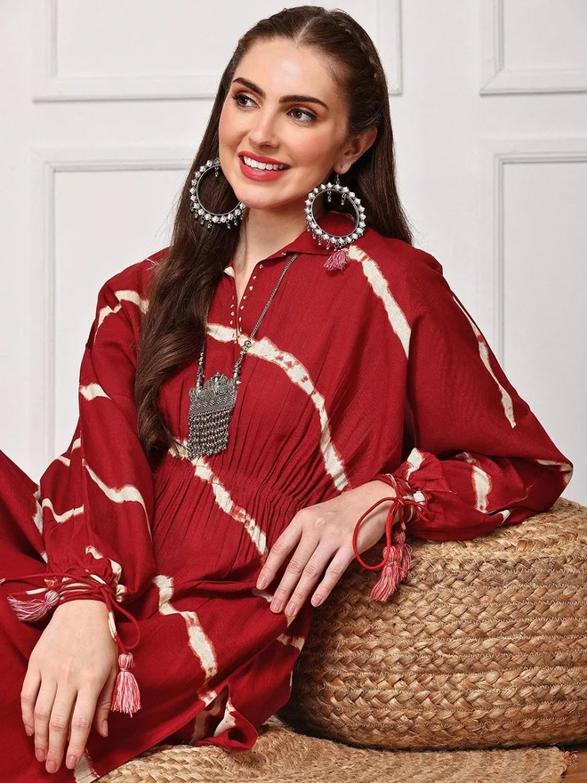 ISHIN ISHIN Red Striped Viscose Kurta with Pants Set