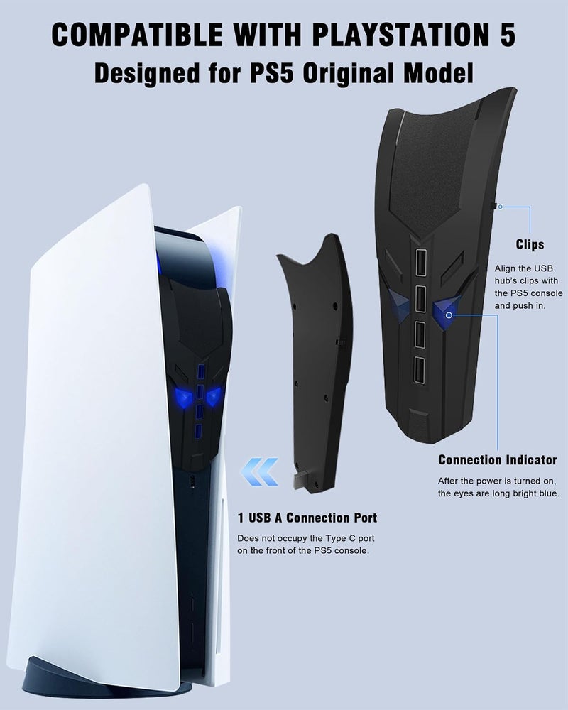 جوسو محول USB لجهاز PS5 من مع عيون متوهجة، محول شحن وتوسيع عالي السرعة مع 4 منافذ USB + كابل محول USB، متوافق مع منصات متعددة مثل PS4 وMac OS والكمبيوتر الشخصي والكمبيوتر المحمول، التشغيل الفوري - Image 2