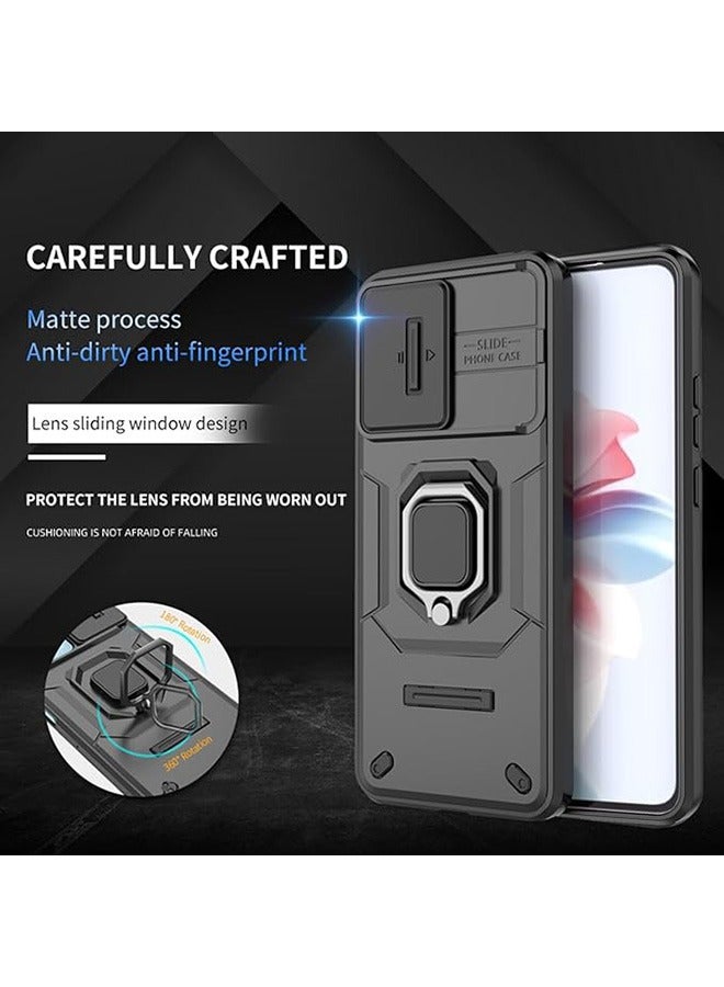 Oppo Reno 11F 5G Case, Shockproof Case, Anti-Fall Drop Protection, Built-in Slide Anti-Scratch Camera Lens Cover, Integrated 360 Degree Rotating Ring Kickstand, Black - Image 4