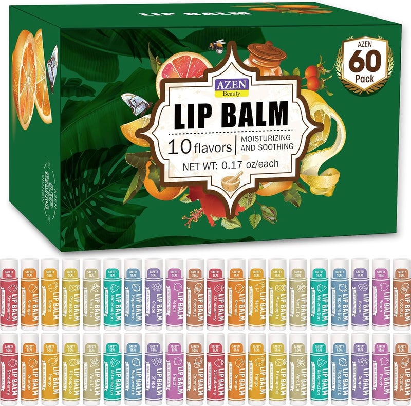 60 Pack Lip Balm, Natural Lip Balm Bulk, Lip Care Product, Moisturizing Lip Balm for dry cracked lips - 10 Flavors - Image 1