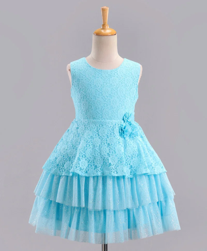 babyhug Babyhug Mesh Sleeveless Embroidery Frock - Sky Blue