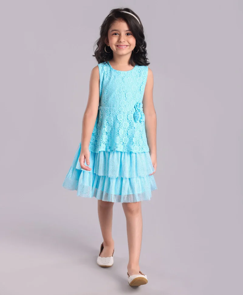 babyhug Babyhug Mesh Sleeveless Embroidery Frock - Sky Blue
