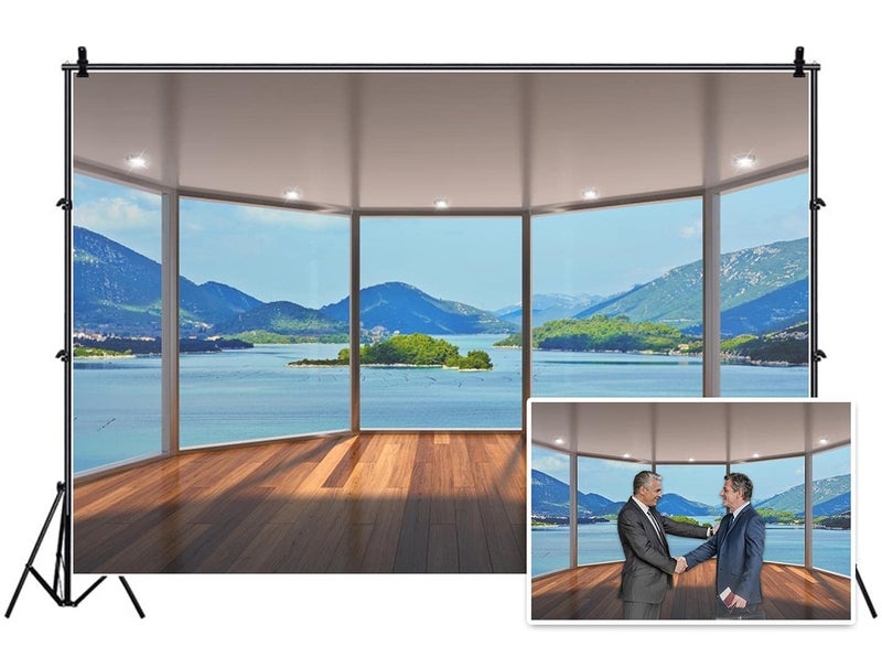 AOFOTO 7x5ft Business Office Sash Window Backdrop Seaview Room French Window Photography Background Wood Floor Casement Work at Home Interior Decor Photo Studio Props Success Job Man Vinyl Wallpaper - Image 1